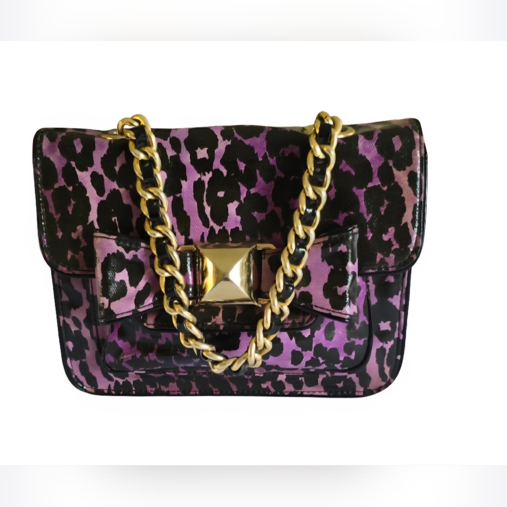 Betsey Johnson Bag Purple Black Leopard Print Leather Chain Strap Shoulder Purse